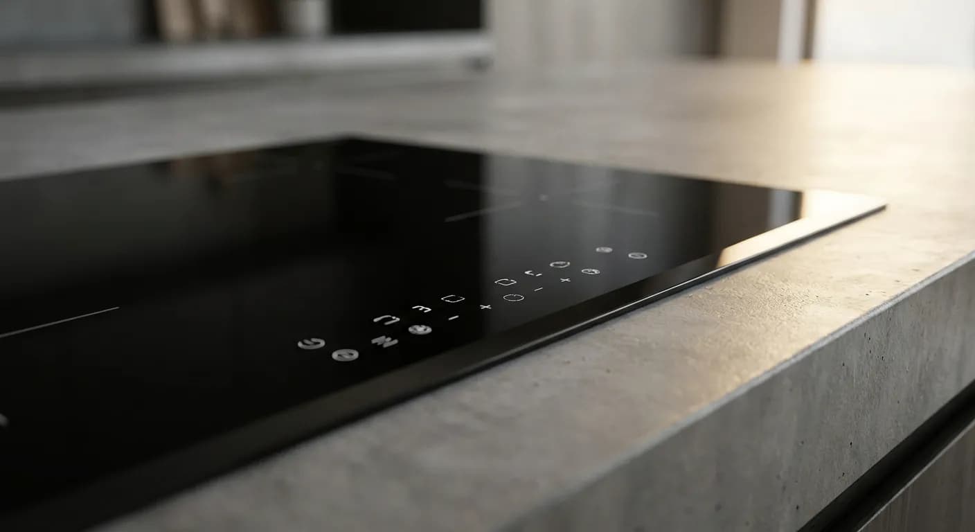 Plaque de cuisson sur ilot central : Installation & Conseils Gros plan iconique d'une plaque de cuisson moderne sur un îlot en béton.